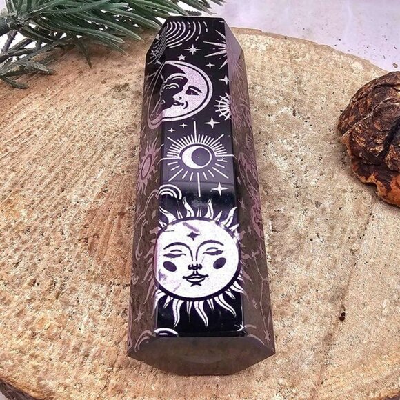 Nature Obsidian Engraved Purple Spiritual Symbols 4" Wand Point - Picture 10 of 10